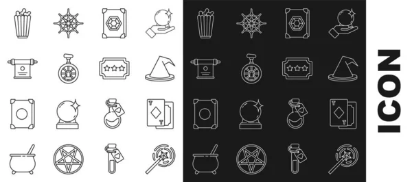 Set line Magic wand, Playing cards, Witch hat, Ancient magic book, Unicycle or one wheel bicycle, scroll, Popcorn box and Ticket icon. Vector — Stockvektor