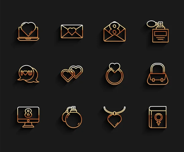 Set line 8 March on monitore, Perfume, Online dating app and chat, Necklace with heart shaped pendant, Book about women, Two Linked Hearts, Handbag and Wedding rings icon. Vector — 스톡 벡터
