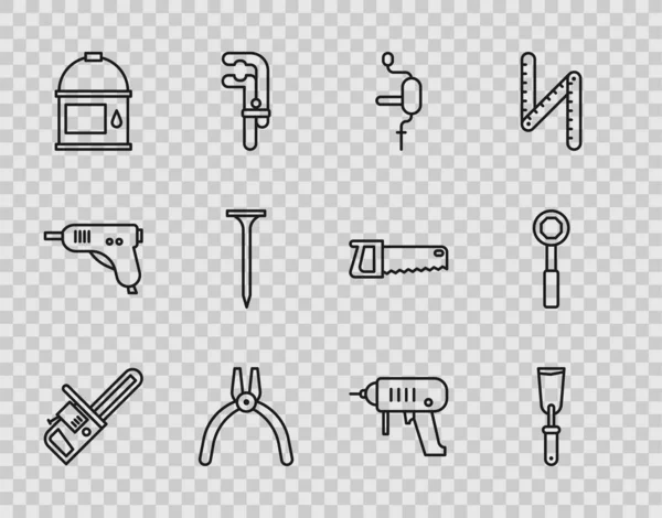 Set Linie Kettensäge, Putty Messer, Bohrmaschine, Zange Werkzeug, Farbeimer, Metallic-Nagel, Elektromaschine und Schlüsselschlüssel Symbol. Vektor — Stockvektor