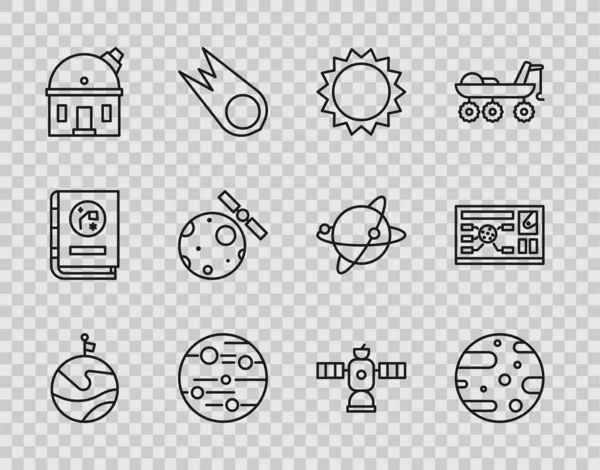 Set line Moon with flag, Satellite dish, Sun, Planet Mars, Astronomical observatory, Satellites orbiting the planet Earth, and Futuristic hud interface icon. Vector — Vettoriale Stock