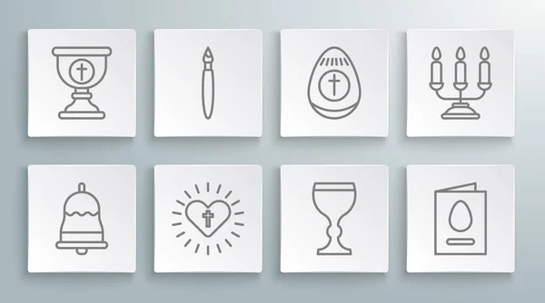 Set line Ringing bell, Paint brush, Christian cross and heart, Wine glass, Greeting card with Happy Easter, egg, Candelabrum candlesticks and chalice icon. Vector — Stockvektor