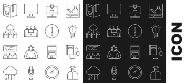 Set line Student, Electronic book with mouse, Light bulb concept of idea, Video chat conference, Online class, Cloud or online library, Open and Information icon. Vector — Wektor stockowy