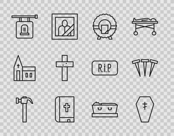 Set line Hammer, Coffin with cross, Memorial wreath, Holy bible book, Signboard tombstone, Christian, dead and Metallic nail icon. Vektor — Stockový vektor