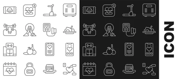 Set line Attention to health heart, Mobile with rate, Healthy food, Treadmill machine, Meditation, Bench barbel, Sports nutrition and Blood pressure icon. Vector — Stockvector