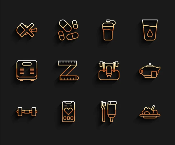 Set line Dumbbell, Mobile with heart rate, No meat, Toothbrush and toothpaste, Healthy food, Tape measure, Teapot cup and Bench barbel icon. Vector — Stock vektor