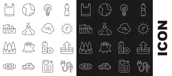 Set line Electric saving plug in leaf, Rise water level, Sun, Light bulb with, Volcano eruption lava, Glacier melting, Plastic bag and CO2 emissions cloud icon. Vector — 图库矢量图片