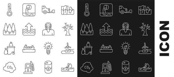 Set line Wrecked oil tanker ship, Wind turbine, Withered tree, Car exhaust, Rise water level, Forest, Meteorology thermometer and Face protective mask icon. Vector — 图库矢量图片