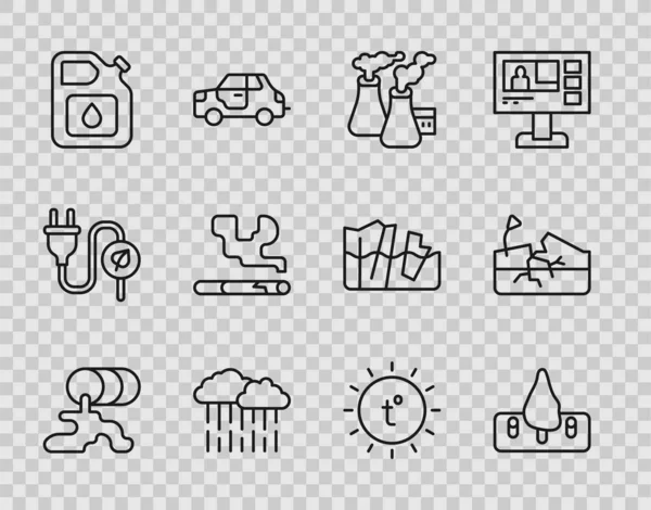 Set line Barrel oil leak, Deforestation, Smoke from factory, Cloud with rain, Canister gasoline, Cigarette, Sun and Earthquake icon. Vector — 图库矢量图片