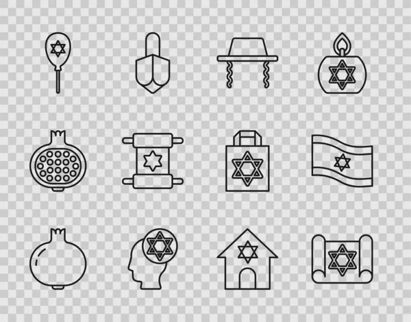 Set line Pomegranate, Torah scroll, Orthodox jewish hat, Balloon with star of david, Jewish synagogue and Flag Israel icon. Vector — Stockvektor
