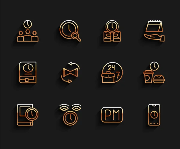 Set line Time for book, Clock, Management, Day time, Alarm clock app mobile, Old hourglass with sand, Fast food and Always busy icon. Vector — стоковый вектор