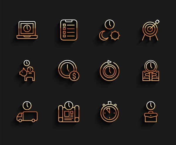 Set line Delivery time, Project plan, Laptop, Stopwatch, Work, Time is money, and Clock with arrow icon. Vector —  Vetores de Stock