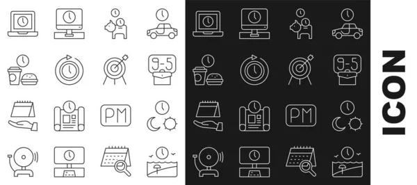 Set line Vacation time, Day and night with, From 9, Piggy bank coin, Clock arrow, Fast food, Laptop and Target sport icon. Vector — Vettoriale Stock