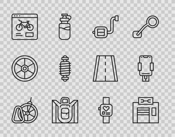 Set line Bicycle parking, repair service, pedal, Hiking backpack, rental mobile app, suspension, Smart watch and Mobile holder icon. Vector — 스톡 벡터