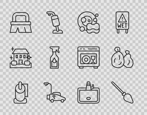 Set line Toilet paper roll, Handle broom, Washing dishes, Lawn mower, Brush for cleaning, Cleaning spray bottle, Washbasin and Garbage bag icon. Vector — Image vectorielle