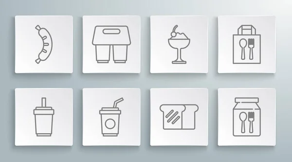 Establecer línea de vidrio de papel con paja, taza de café para llevar, pan tostado, pedidos en línea y entrega, tazón de helado, y el icono de Hotdog. Vector — Archivo Imágenes Vectoriales