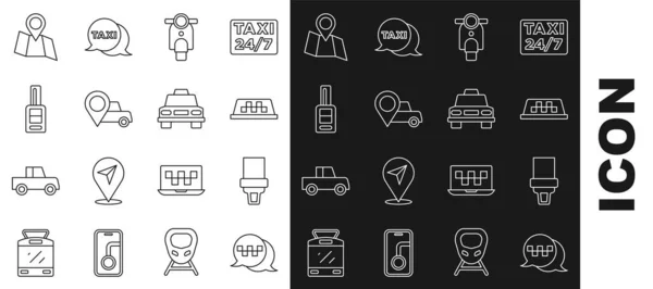 Set line Taxi call telephone service, Safety belt, car roof, Scooter, Location with taxi, Car key remote, Folded map location and icon. Vector — ストックベクタ