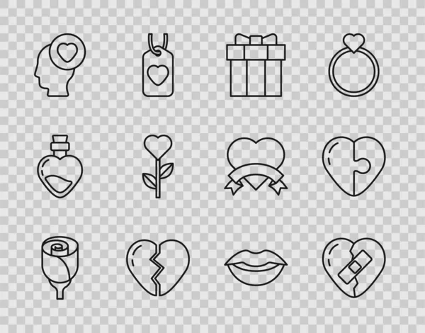 Set line Flower rose, Healed broken heart, Gift box, Broken, Head with, Heart shape in flower, Smiling lips and icon. Vector — Stock Vector
