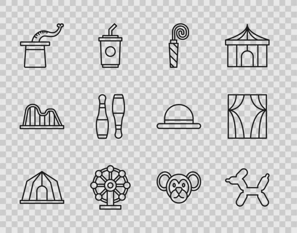 Set line Circus tent, Balloon dog, Birthday party horn, Ferris wheel, Magician hat, Bowling pin, Monkey and curtain raises icon. Vector — Stock vektor