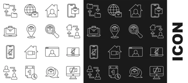 Set line Videocamera Off on computer, Mute microfoon laptop, Online werken, Cloud opslag document map en vergrootglas met aktetas pictogram. Vector — Stockvector