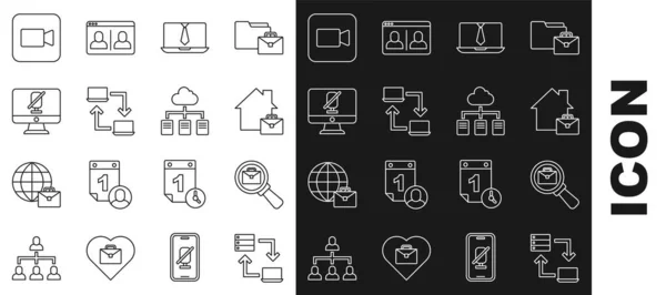 Set line Online working, Magnifying glass with briefcase, Video chat conference, Mute microphone computer, Camera and icon. Vector — Archivo Imágenes Vectoriales