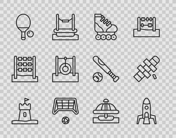 Set line Sand tower, Rocket ship, Roller skate, Soccer goal with ball, Racket, Car tire hanging on rope, Attraction carousel and Hopscotch icon. Vector — Stockový vektor