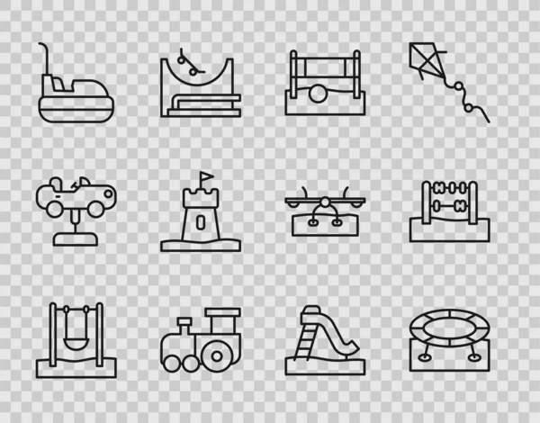 Set line Swing, Jumping trampoline, Volleyball net with ball, Toy train, Bumper car, Sand tower, Kid slide and Abacus icon. Vector — стоковий вектор