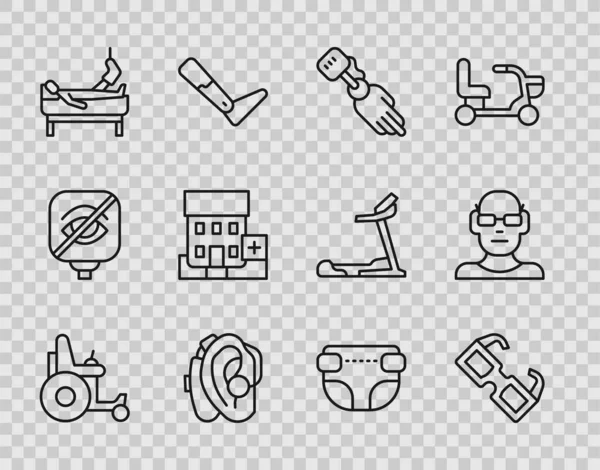 Set line Electric wheelchair, Eyeglasses, Prosthesis hand, Hearing aid, Patient with broken leg, Medical hospital building, Adult diaper and Poor eyesight icon. Vector — Stock Vector
