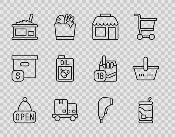 Set line Hanging sign with Open, Soda can, Market store, Hand truck and boxes, Tin caviar, Bottle of olive oil, Scanner scanning bar code and Shopping basket icon. Vector — 图库矢量图片