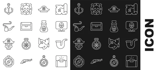 Set line Antique treasure chest, Smoking pipe, Skull, Pirate hat, Anchor and coin icon. Vector — Stockvektor