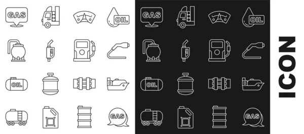 Set line Location and gas station, Oil tanker ship, Electrical cable plug charging, Motor gauge, Gasoline pump nozzle, storage, and Petrol icon. Vector —  Vetores de Stock