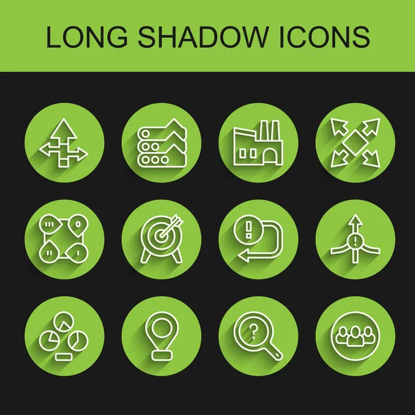 Set line Pie chart infographic, Location, Arrow, Unknown search, Project team base, Target, and icon. Vector — Image vectorielle