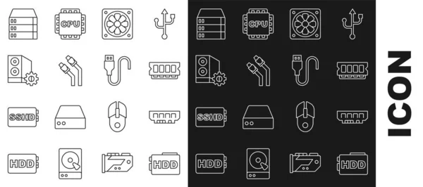 Set line Hard disk drive HDD, RAM, random access memory, Computer cooler, LAN cable network internet, Case of computer, Server, Data, Web Hosting and USB cord icon. Vector — Image vectorielle