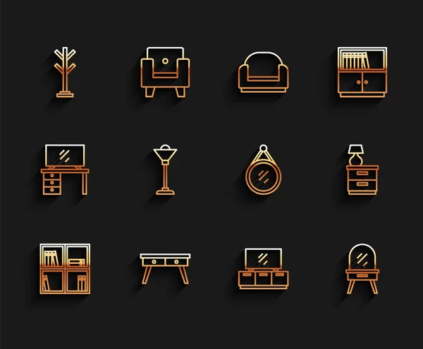 Set line Estante con libros, Escritorio de oficina, Soporte de abrigo, Mesa de TV, Vestidor, Lámpara de piso, Muebles de mesa de noche y Espejo icono. Vector Vectores De Stock Sin Royalties Gratis