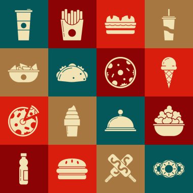 Set Donut with sweet glaze, Popcorn in bowl, Ice cream waffle cone, Sandwich, Taco tortilla, Nachos plate, Paper glass water and Pizza icon. Vector