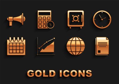 Set Pie chart infographic, Clock, File document, Earth globe, Calendar, Safe, Megaphone and Calculator with dollar symbol icon. Vector