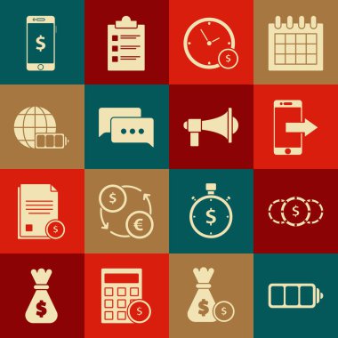 Set Battery charge level indicator, Coin money with dollar symbol, Smartphone, mobile phone, Time is, Speech bubble chat, earth globe, and Megaphone icon. Vector