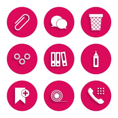 Set Office folders with papers and documents, Scotch, Telephone handset, Marker pen, Bookmark, Gear, Trash can and Paper clip icon. Vector