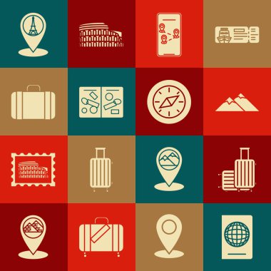 Set Passport with biometric data, Suitcase for travel, Mountains, Infographic of city map navigation, pages visa stamps, Map pointer Eiffel tower and Compass icon. Vector