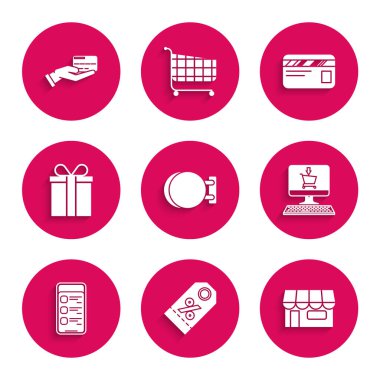 Set Signboard hanging, Shopping building or market store, cart on screen computer, Online shopping mobile phone, Gift box, Credit card and Human hand holding with credit icon. Vector