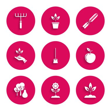 Set Shovel, Flower, Plant, Apple, Tree with pears, in hand of environmental protection, Gardening handmade scissors for trimming and rake icon. Vector