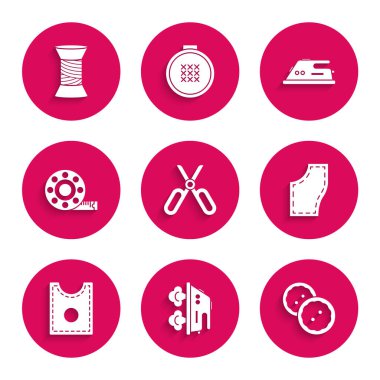 Set Scissors, Electric iron, Sewing button for clothes, Pattern, Tape measure, and thread spool icon. Vector