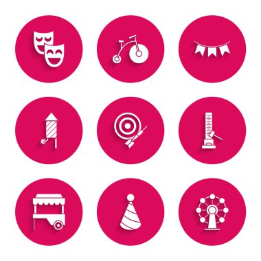 Set Classic dart board and arrow, Ferris wheel, High striker attraction with big hammer, Fast street food cart awning, Firework rocket, Carnival garland flags and Comedy theatrical masks icon. Vector