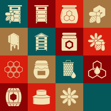Set Hive for bees, Honeycomb, Bee and flower, Jar of honey, and icon. Vector