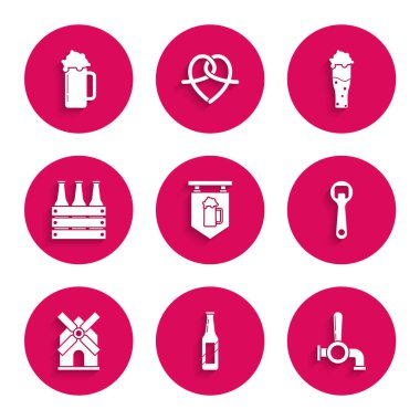 Set Street signboard with glass of beer, Beer bottle, tap, Bottle opener, Windmill, Pack bottles, Glass and icon. Vector