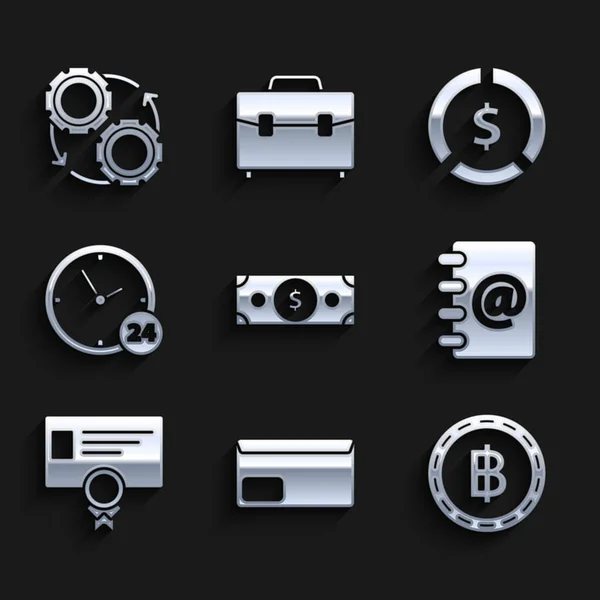 Set Stacks paper money cash, Cryptocurrency coin Bitcoin, Address book, Certificate template, Clock 24 hours, Coin with dollar symbol and Gear and arrows workflow process concept icon. Vector — Vetor de Stock