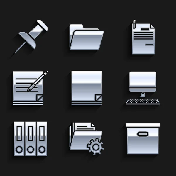 Set File document, Folder settings with gears, Carton cardboard box, Computer monitor keyboard, Office folders papers and documents, Blank notebook pen, clip and Push pin icon. Vector — Image vectorielle