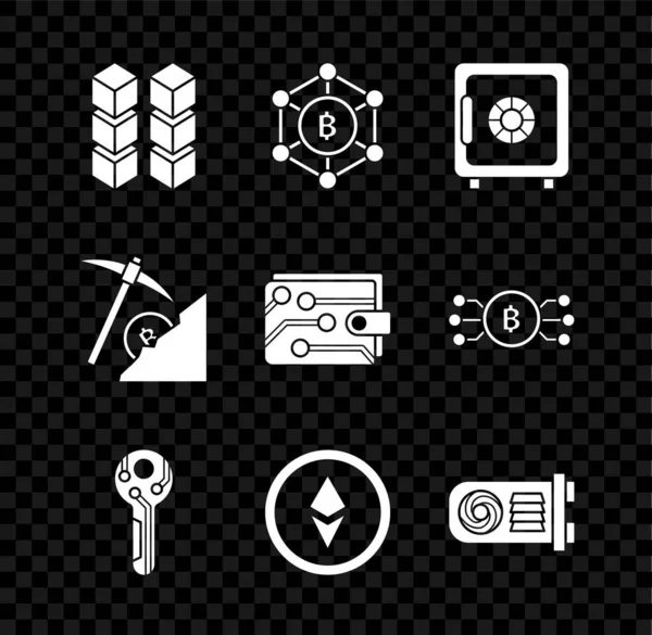 Set Blockchain technology, Bitcoin, Safe, Cryptocurrency key, Ethereum ETH, Mining farm, cloud mining and wallet icon. Vector — Archivo Imágenes Vectoriales
