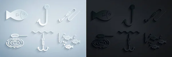 Set Fishing hook under water, line with and float, net, fish, and icon. Vector — Διανυσματικό Αρχείο