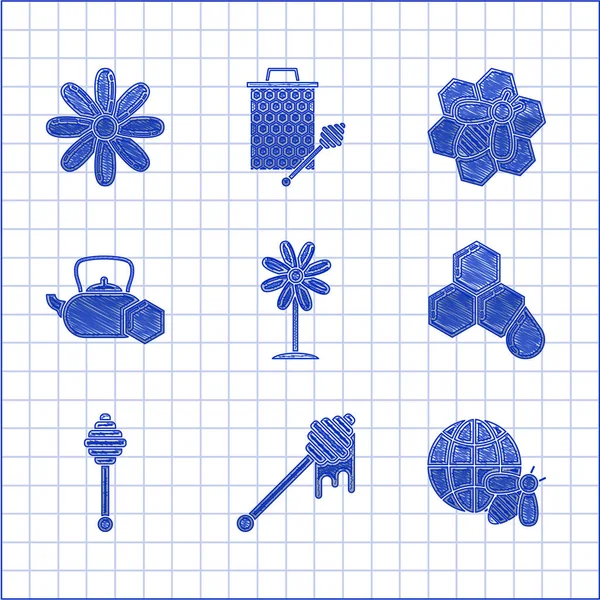 Set Flower, Honey dipper stick with dripping honey, Honeycomb map of the world and bee, Tea kettle, Bee honeycomb and icon. Vector — Vettoriale Stock