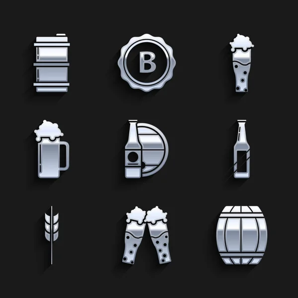 Set Beer bottle and wooden barrel, Glass of beer, Wooden, Cereals set with rice, wheat, corn, oats, rye, barley, and Metal keg icon. Vector — Wektor stockowy